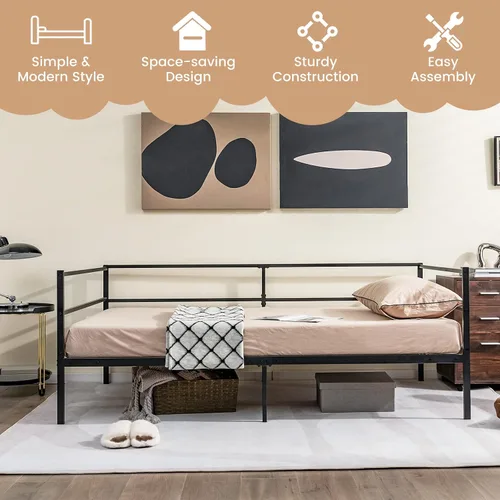 Miniatura 8 de Giantex Marco de cama de metal tamaño individual, cama de día con soporte de listones de metal y barandillas de 3 lados, sofá cama 2 en 1 que ahorra