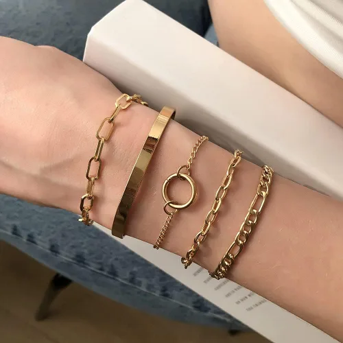Miniatura 3 de Wiwpar 5 pulseras de eslabones de cadena para mujer, delicada pulsera cubana con clip para mujeres y niñas, aleación