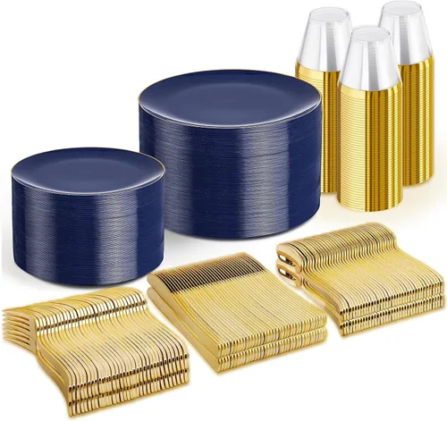 Miniatura 18 de WDF - 150 piezas de platos de plástico negros - Platos desechables negros y dorados - Juegos de vajilla desechables para 25 invitados