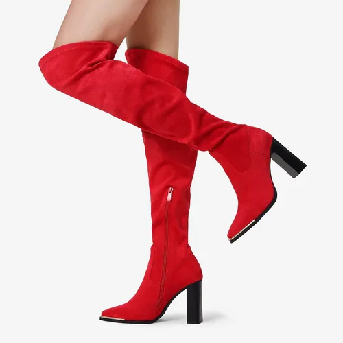 Miniatura 5 de DREAM PAIRS Botas por encima de la rodilla para mujer, con puntera cuadrada alta, tacón alto, largas y sexys, botas de otoño, Metálico