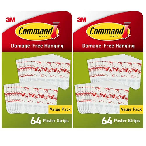 Command Small Poster Strips, 128 White Adhesive Strips (2 Packs of 64), Damage-Free Hanging for Posters, Kids’ Artwork, Banners & Signs, No Tools,