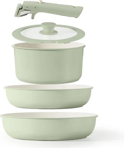CAROTE Juego de 5 ollas y sartenes antiadherentes, juego de utensilios de cocina, apto para horno, lavavajillas, nevera, juego de ollas que ahorran