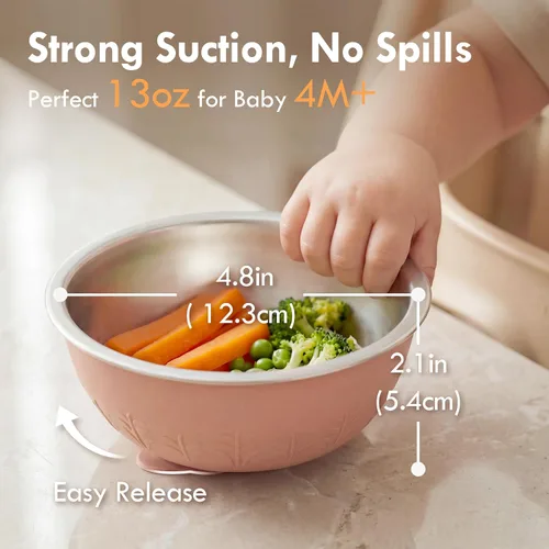 Miniatura 2 de Moonkie Cuencos para bebés con succión, cuencos de acero inoxidable y silicona para niños pequeños con tapas, diseño de una sola pieza sin costuras