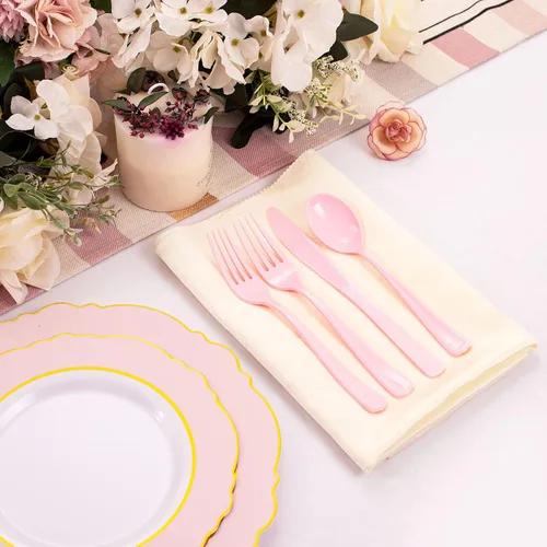 Miniatura 2 de WDF 160 piezas de cubiertos de plástico rosa - Cubiertos de plástico rosa resistentes incluye 80 tenedores, 40 cucharas, 40 cuchillos, utensilios