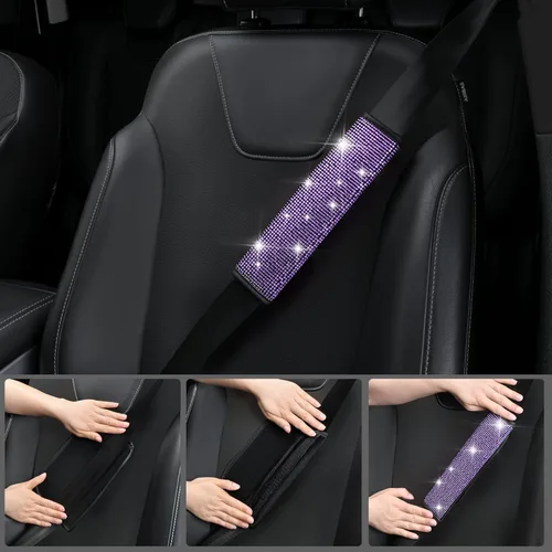 Miniatura 6 de CAR PASS Fundas de asiento de automóvil de cuero con diamantes brillantes, 11 unidades, funda de volante con diamantes de imitación brillantes