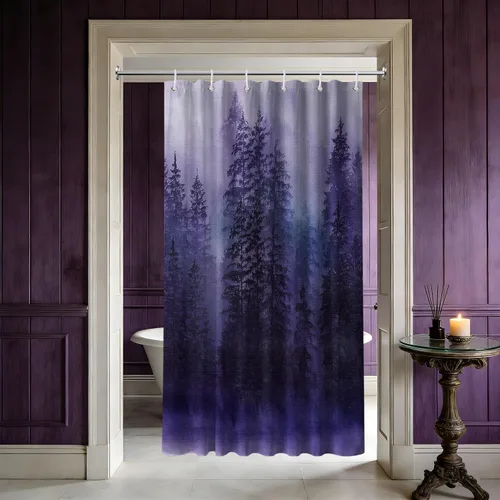 Miniatura 25 de Cortina de ducha estrecha para hombre, diseño de bosque negro y gris, para casa rodante, juego de decoración de baño, tela impermeable con ganchos