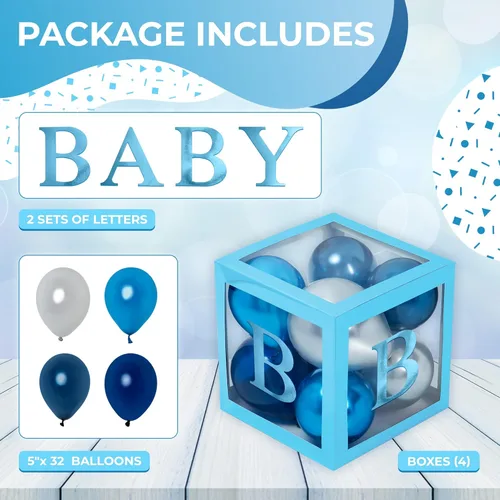 Miniatura 3 de Cajas de baby shower con letras - Cajas azules metálicas con globos metálicos azules y plateados - Juego de 44 piezas para revelación de género