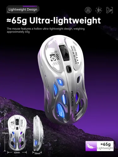 Miniatura 3 de Ratón inalámbrico para juegos, triple modo 2.4G/USB-C/Bluetooth, 800-4800 DPI, ratón óptico ergonómico, RGB y 6 botones programables, 2.29 oz