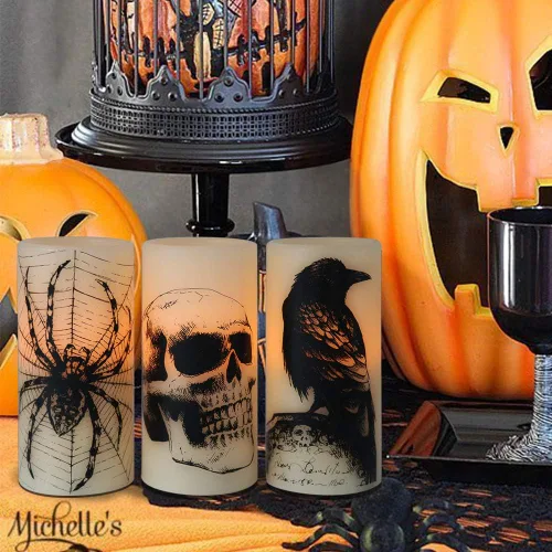Miniatura 3 de Wondise Velas parpadeantes sin llama de Halloween con temporizador de 6 horas, velas LED de cera real que funcionan con pilas, juego de 3 velas
