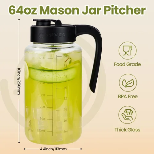 Miniatura 4 de Jarra de vidrio de borosilicato de 64 onzas con tapa, resistente al calor, boquilla abatible hermética a prueba de fugas, jarra de tarro Mason