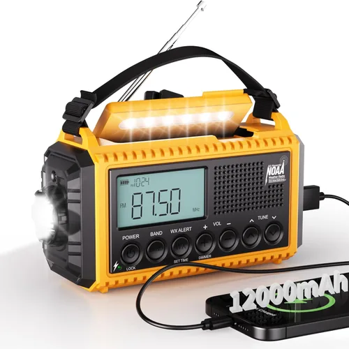 Mesqool 12000 Radio de emergencia, radio meteorológica digital automática NOAA/AM/FM/SW con batería de respaldo, manivela con linterna, cargador
