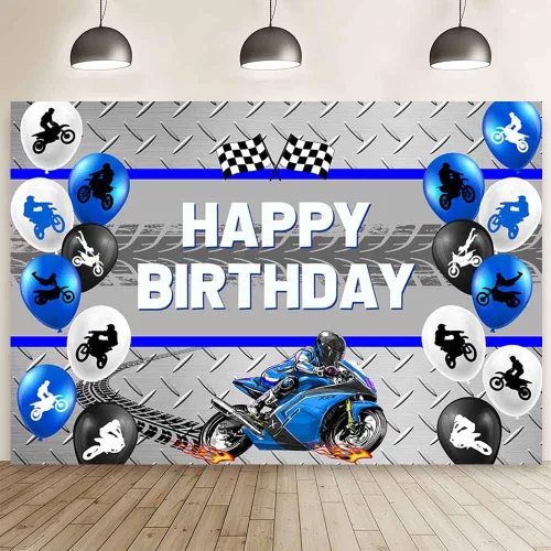 AIBIIN Telón de fondo azul de cumpleaños de motocicleta de 7 x 5 pies para niños, globo de carreras de motocross, decoración de fiesta de