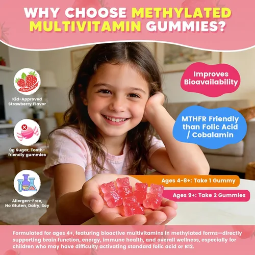 Miniatura 7 de Gomitas multivitamínicas metiladas para niños con Omega 3, multivitamínico para niños y adolescentes 4+ con L de metilfolato y B12, calcio