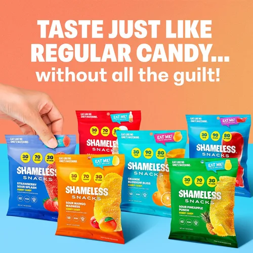 Miniatura 3 de Shameless Snacks - Aperitivos saludables bajos en calorías, gomitas keto bajas en carbohidratos (caramelo sin gluten) - Paquete de 6 Wunderlicious