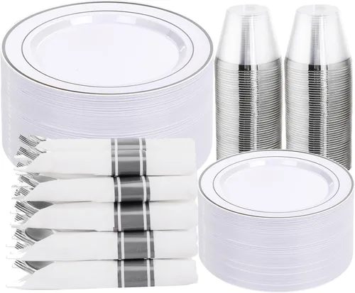 Miniatura 26 de Juego de vajilla de 350 piezas de color oro rosa de DaYammi – Incluye: 50 platos de cena de 26 cm, 50 platos de postre de 19 cm, 50 cubiertos de oro