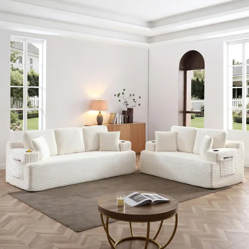 Miniatura 33 de Sofá sin hueso de 66.5 pulgadas con portavasos y bolsillos laterales, sofá biplaza tapizado de tela de pana moderna con 2 almohadas para sala