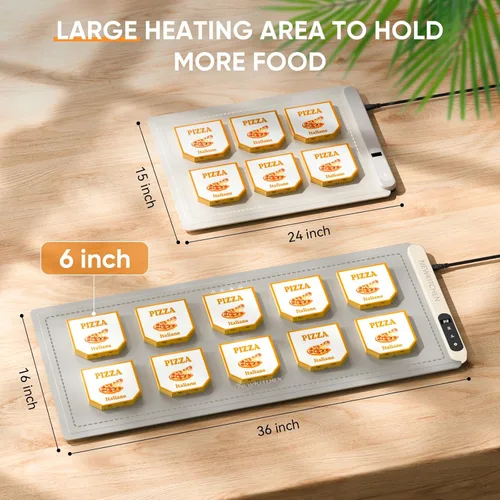 Miniatura 2 de NEWKITCHEN Tapete de calentamiento para alimentos, (XXL, 36 x 16 pulgadas), tapete de calentamiento de alimentos para fiestas, bufé, 6 temperaturas