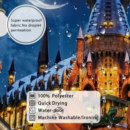 Miniatura 4 de Cortina de ducha de Halloween para baño, niños, caricatura, calabaza, sombrero de mago, luna, castillo, estrella, lámpara de calle, decoración
