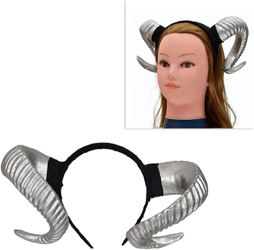Miniatura 2 de NUOBESTY Diadema de cuerno de oveja, diadema de cuernos de demonio del diablo para disfraz de Halloween, cosplay, accesorios de fotos (plateado)