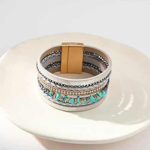 Miniatura 4 de HUASAI Pulsera bohemia de piel sintética para mujer, joyería de turquesa occidental multicapa