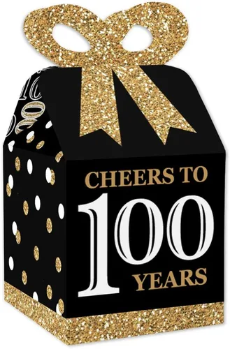 Big Dot of Happiness Cajas de regalo para fiesta de cumpleaños número 100, elegante diseño cuadrado dorado con lazo 3D, suministros de fiesta de