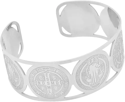 Miniatura 4 de My Daily Styles - Brazalete de acero inoxidable con cruz de San Benito religioso cristiano