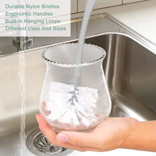 Miniatura 3 de Juego de cepillos para platos y botellas, 4 cepillos de limpieza de cocina, gris, asas de plástico, cerdas medianas (nailon o poliéster)