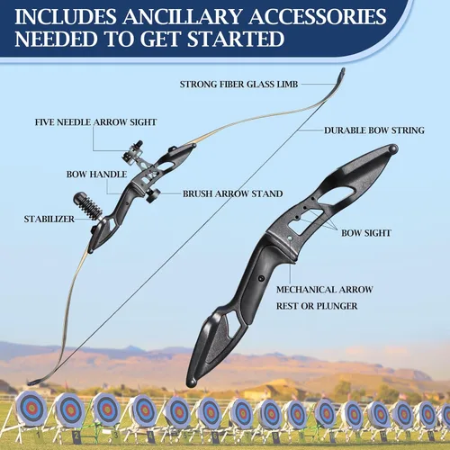 Miniatura 9 de D&Q Juego de arco y flecha recurvo de caza para adultos, kit de cazador negro, arco largo, tiro con arco, caza, práctica de desmontaje, arco largo