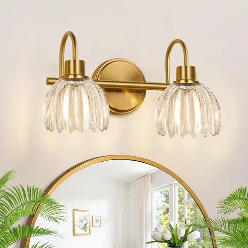 Miniatura 13 de Juego de 2 lámparas de tocador de baño en oro cepillado, lámpara de pared de cabeza única con pantalla de vidrio verde acanalado