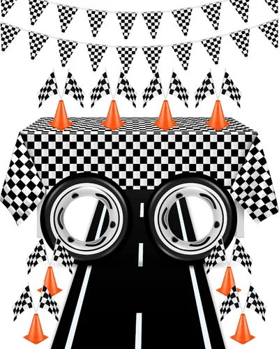 Suministros de cumpleaños para fiesta de autos de carreras, tapete para correr de pista de carreras, mantel de carreras, pancarta a cuadros, 12