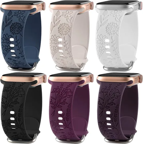 Miniatura 11 de Paquete de 6 correas de silicona grabadas con estampado floral compatibles con Apple Watch de 1.575 in 1.614 in 1.496 in 1.654 in 1.732 in 1.772 in