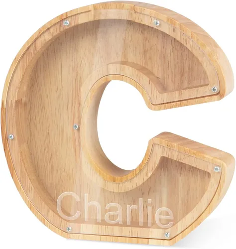Miniatura 30 de Alcancía con nombre personalizado, 26 letras láser con texto personalizado, banco de monedas de madera, significado educativo, alcancía con nombre