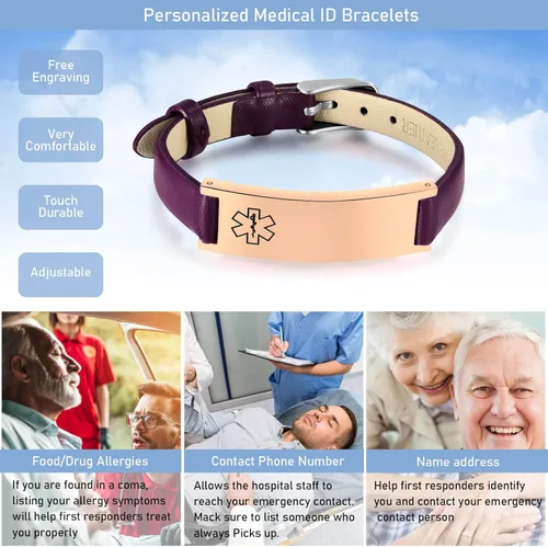 Miniatura 11 de MPRAINBOW Pulsera de alerta médica personalizada para mujer, correa de reloj de cuero genuino, grabado de doble cara, diabetes, epilepsia, joyería