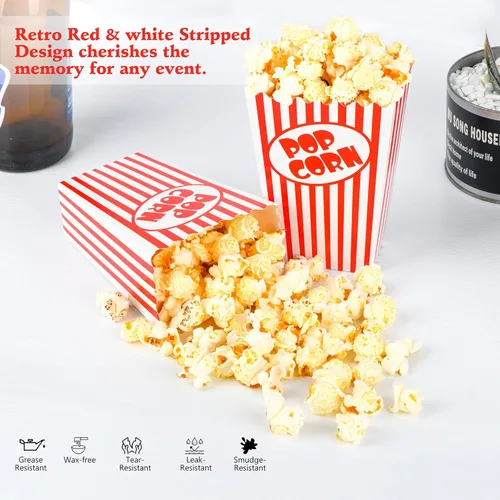 Miniatura 2 de Zahaat 50 mini cajas de palomitas de maíz de 5.5 pulgadas de alto, bolsas de palomitas de maíz rojas y blancas, mini cubos de maíz y contenedor