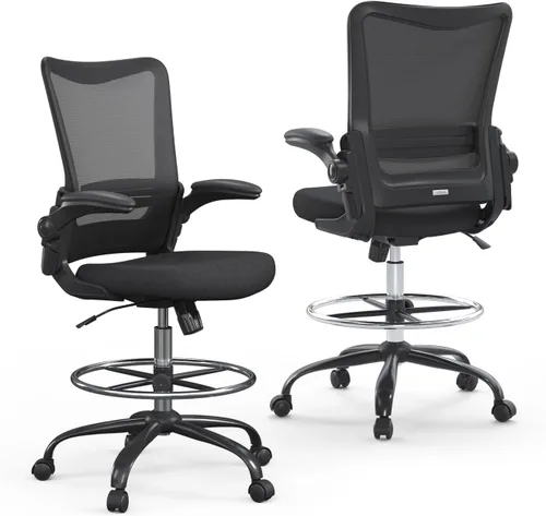 Miniatura 12 de Silla de dibujo, silla de oficina alta con soporte lumbar, silla de oficina alta con reposabrazos abatibles, silla de escritorio de pie con anillo