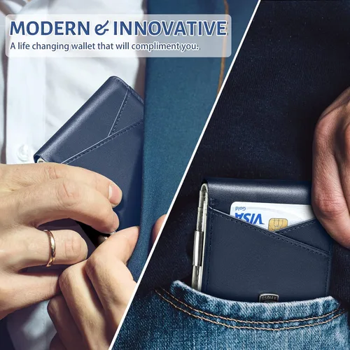 Miniatura 20 de GSOIAX Cartera delgada de cuero plegable RFID para hombre, billetera minimalista con bolsillo frontal con clip para dinero, 12 ranuras para Negro