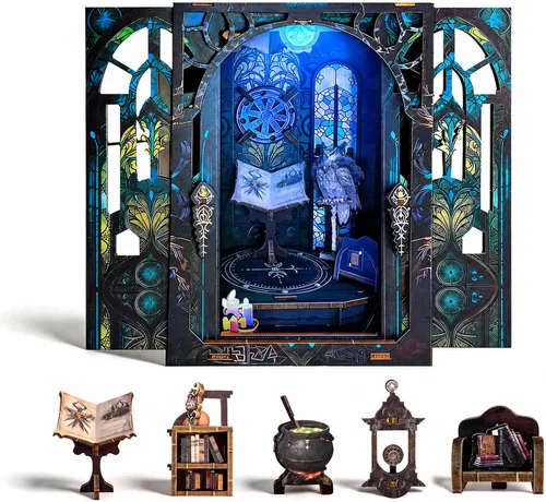 DIY Book Nook Kit Miniature Dollhouse with LED Light, 3D Wooden Bookshelf Insert Reading Corner Bookshop, Mini Library Model Building Kit for Adults