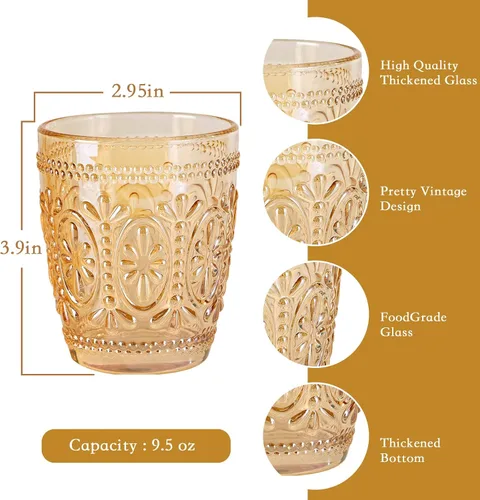Miniatura 3 de abrwyy Juego de 4 vasos de vidrio ámbar vintage, vasos de vidrio resistentes de 9.5 onzas, vidrio antiguo, juego para fiestas, bodas, hogar