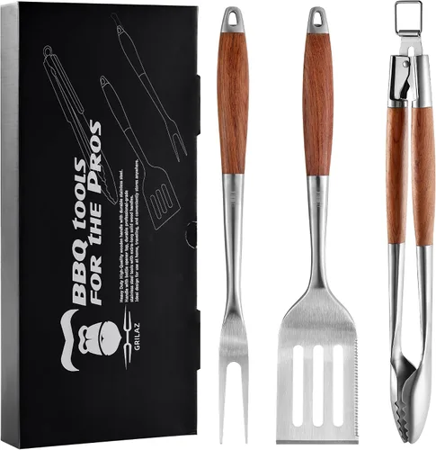 Miniatura 13 de Grilaz Juego de herramientas para barbacoa de acero inoxidable Mangos de madera teñida oscura Accesorios de parrilla para trabajo pesado Juego