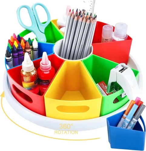 Organizador de escritorio giratorio de 360 grados para niños, almacenamiento y organización de suministros de arte colorido con 8 compartimentos
