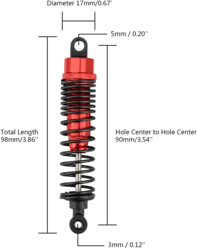 Miniatura 2 de 4 amortiguadores delanteros y traseros, suspensión ajustable de 3.858 in de aluminio para autos RC 1/10 HSP 94166 94106 94107 94155 94170 Buggy Rojo