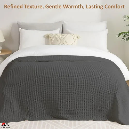 Miniatura 4 de ARlinen Manta de cama de gofres, 100% algodón, suave, ligera, transpirable, manta térmica para todas las estaciones, tamaño King, gris oscuro