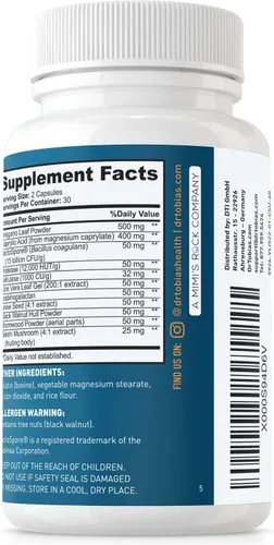 Miniatura 9 de Dr. Tobias Candida Support, complejo de equilibrio de flora intestinal con orégano, ácido caprílico, enzimas y probióticos, apoya la limpieza