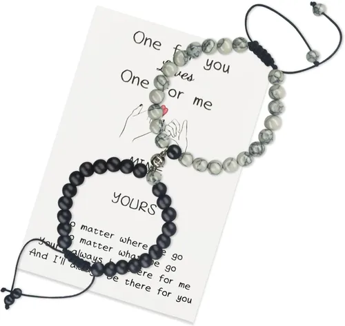 Miniatura 71 de 2 pulseras magnéticas para parejas, piedra natural negra mate, cristal para votos de amor eterno, juego de pulseras de cuentas de piedra de energía