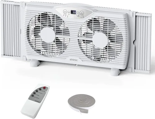 shinic Ventilador de ventana doble, flujo de aire reversible de aspas de 9 pulgadas, control de termostato, 3 velocidades, 3 funciones, ancho