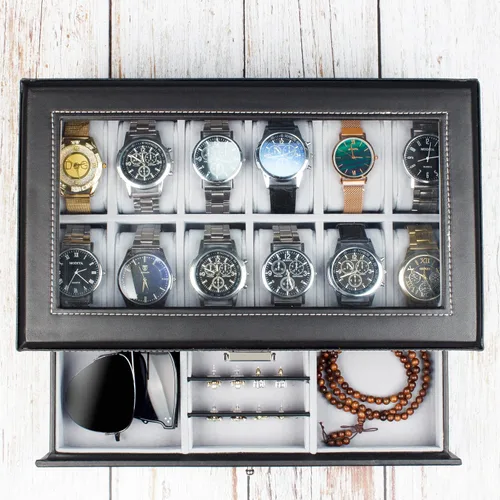 Miniatura 5 de GUKA Caja de reloj con 12 ranuras, organizador de exhibición de reloj, caja de joyería de cuero, cajón de cristal, cumpleaños para hombres