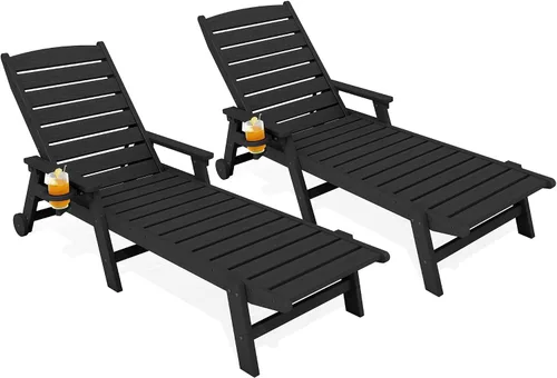 Miniatura 25 de KINGYES Sillón de polietileno de alta densidad para exteriores, tumbona reclinable para patio con portavasos para todo tipo de clima, tumbona