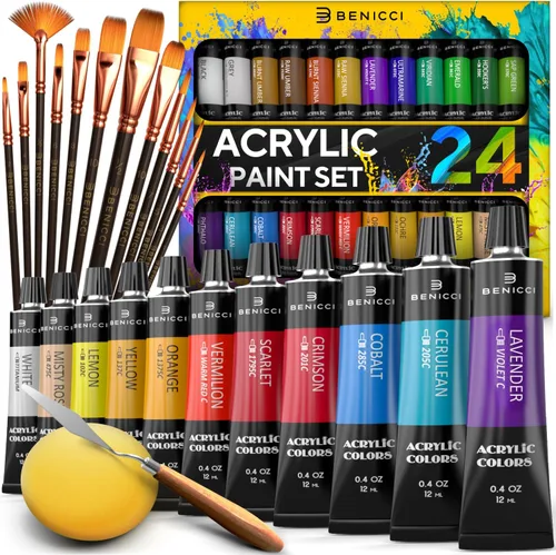 Juego completo de pintura acrílica, 24 colores ricos en pigmentos, 12 pinceles de arte con cuchillo de pintura y esponja adicionales, para pintar