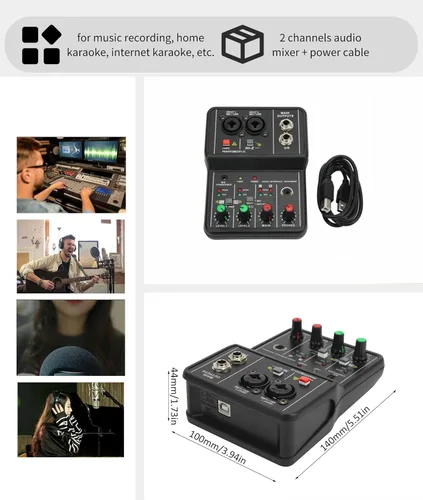 Miniatura 7 de Mini mezclador de audio, 2 canales USB portátil con tarjeta de sonido en vivo, sistema de consola con alimentación fantasma de 48 V, mezclador DJ