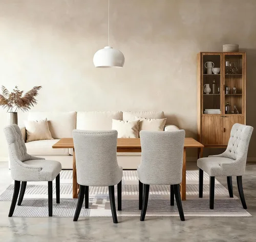 Miniatura 4 de Juego de 2 sillas de mesa grises para comedor, sillas auxiliares de cocina, modernas y elegantes sillas de tela con botones y ribete de cabeza